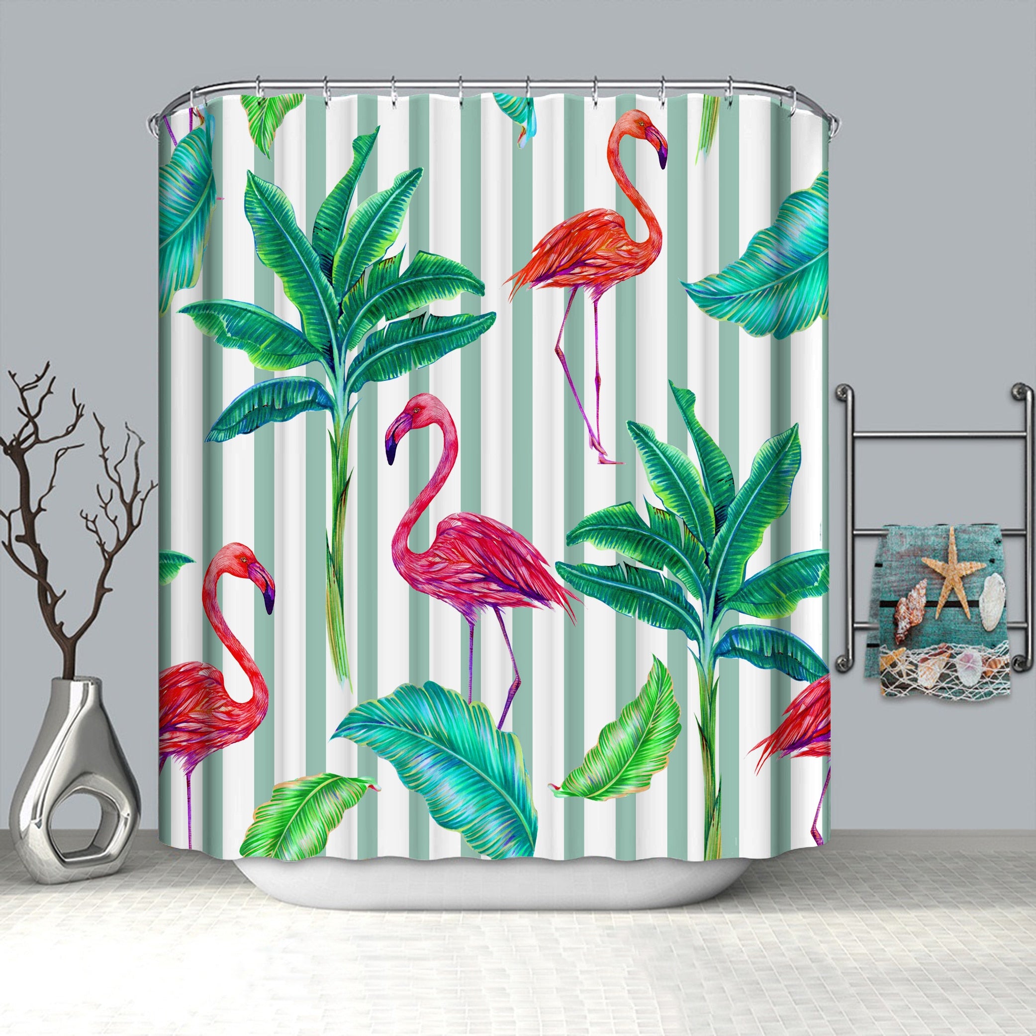 Flamingo And Palm Leaf Shower Curtains