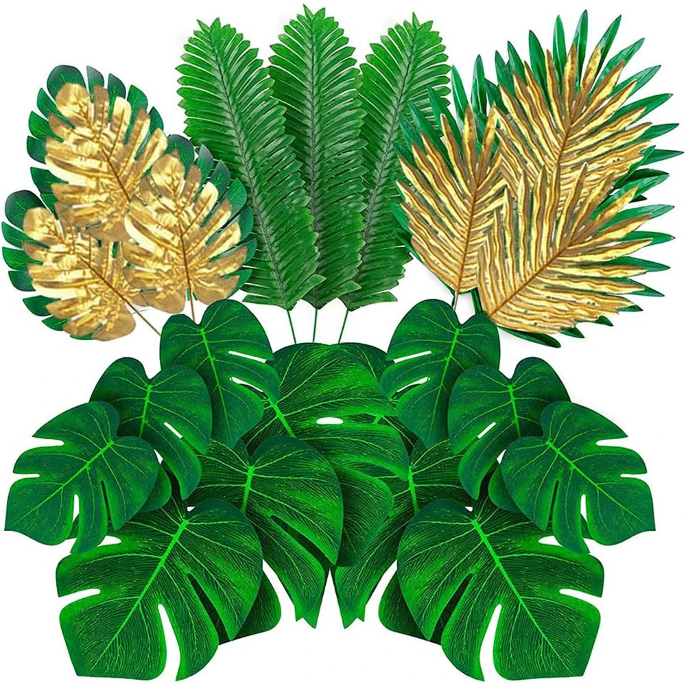 Tropical Christmas Palm & Monstera Leaves with Golden Accents