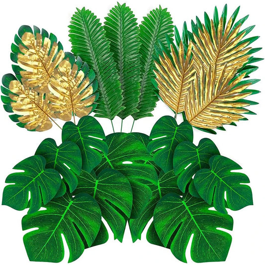 Tropical Christmas Palm & Monstera Leaves with Golden Accents