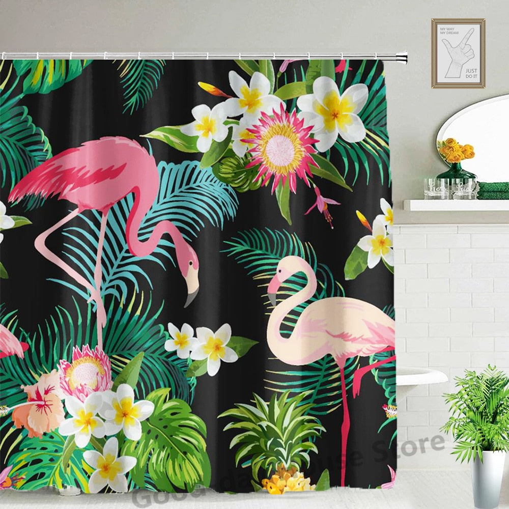 Flamingo And Tropical Floral Shower Curtains
