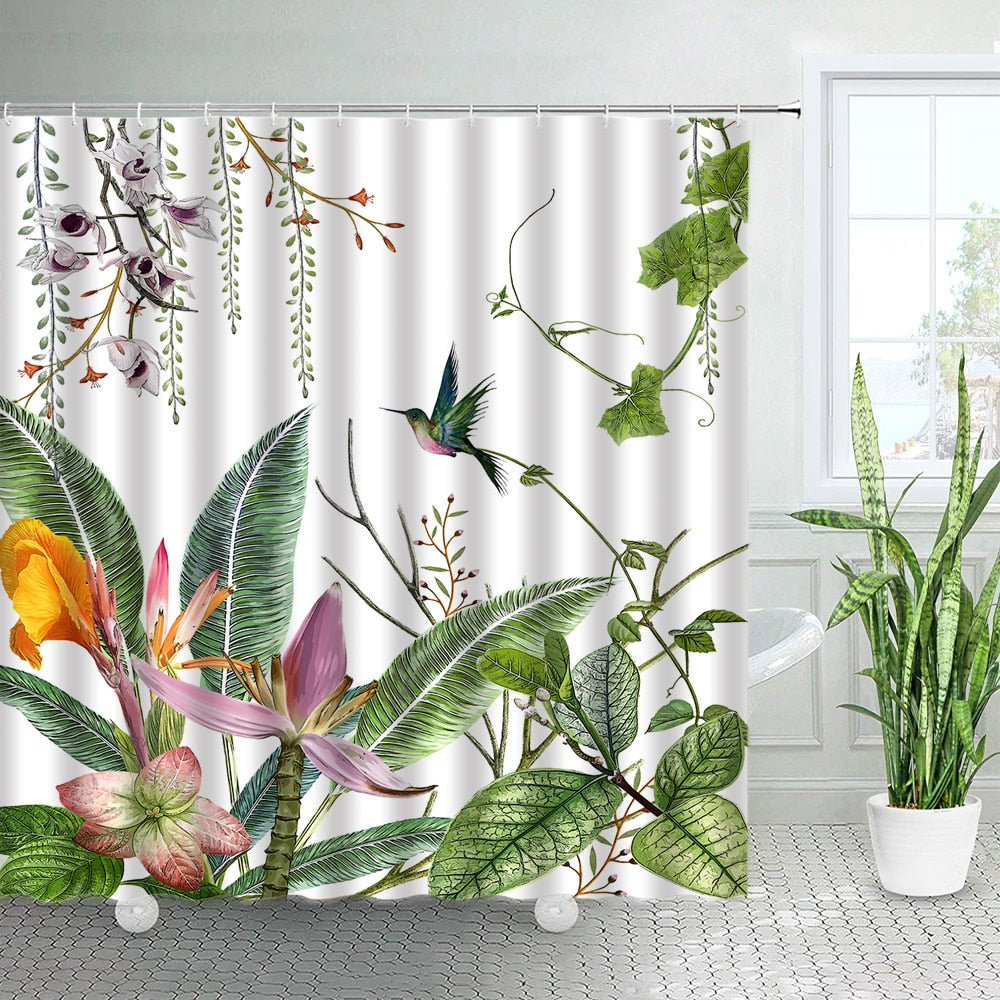 Flower Monstera Leaves Birds Jungle Shower Curtain - Lofaris